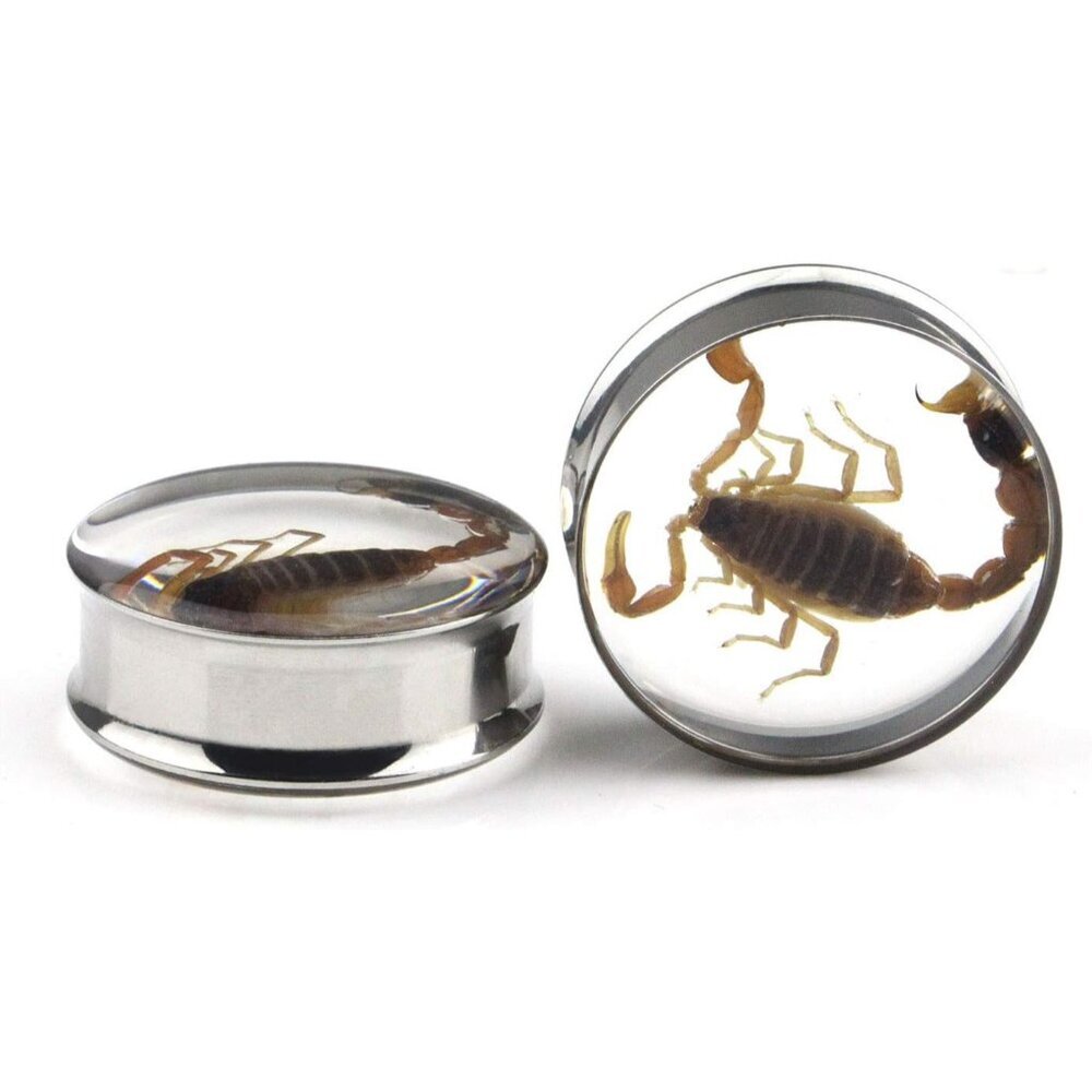 Stylish 1" Double Flare Ear Gauges in Stainless Steel with Scorpion Overlay - Picture 3 of 5